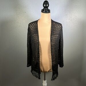 black Crochet Knit cover up Cardigan M | Boho festival western resort Fringe